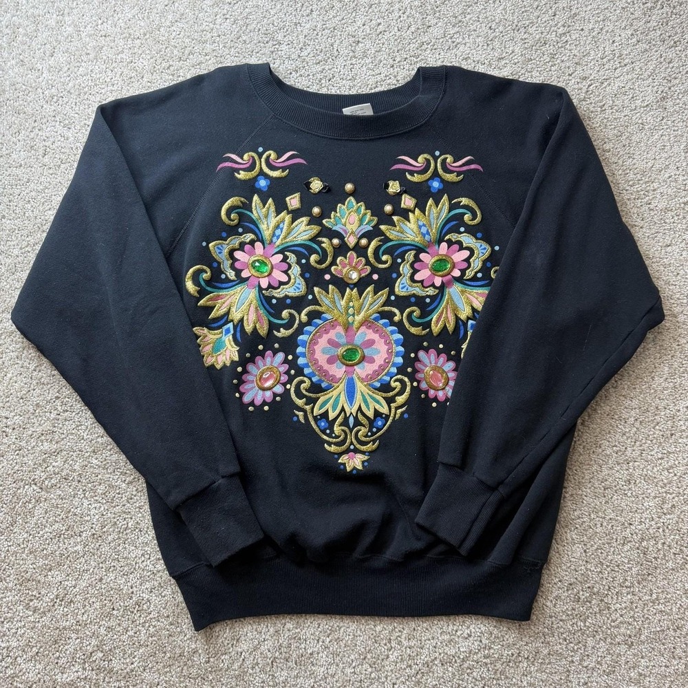 Vintage EZI Sweatshirt Womens One Size Black Floral Glitter Fleece Pullover 90s